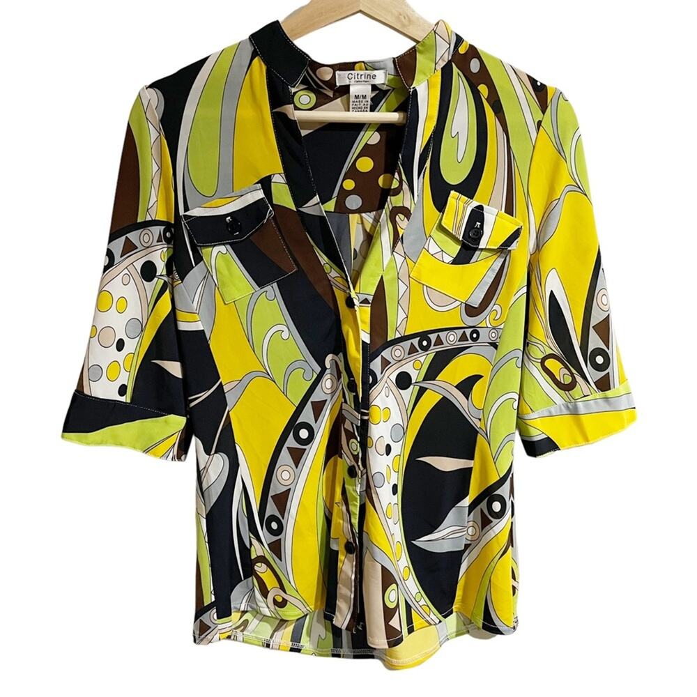 Citrine Women medium Yellow Abstract Art To Wear Half Sleeve Button Front Blouse